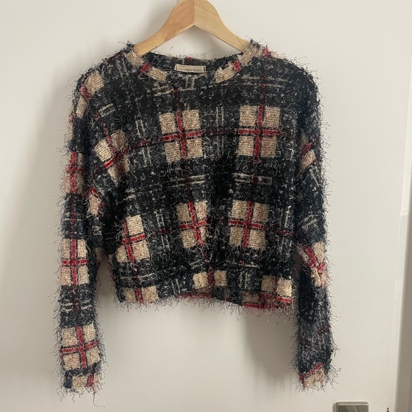 Fuzzy cropped plaid sweater UK style - Picture 1 of 4